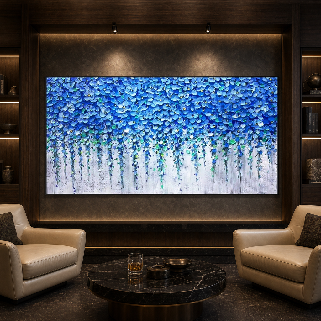 BLUE WISTERIA: Cascading Blue Wisteria Impasto Romantic Canvas