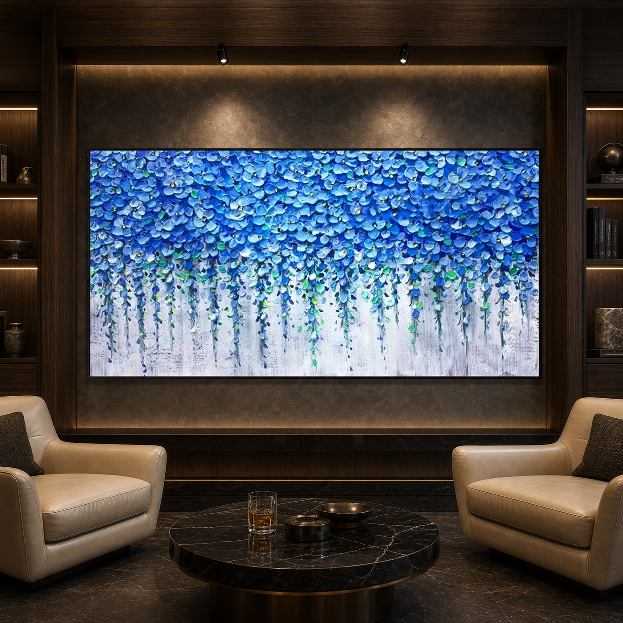 BLUE WISTERIA: Cascading Blue Wisteria Impasto Romantic Canvas