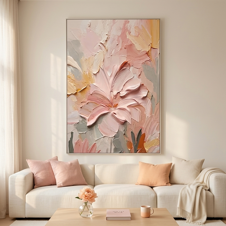 BLUSHING BLOOMS: Textured Impasto Pink Peach Cream Flowers Canvas