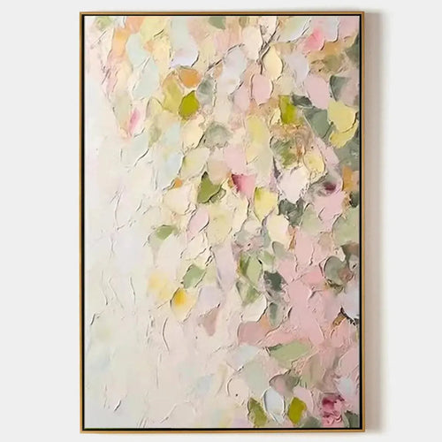 Textured Abstract Floral Painting, Pastel Pink and Green Wall Art, Vertical Canvas, Impasto Decor