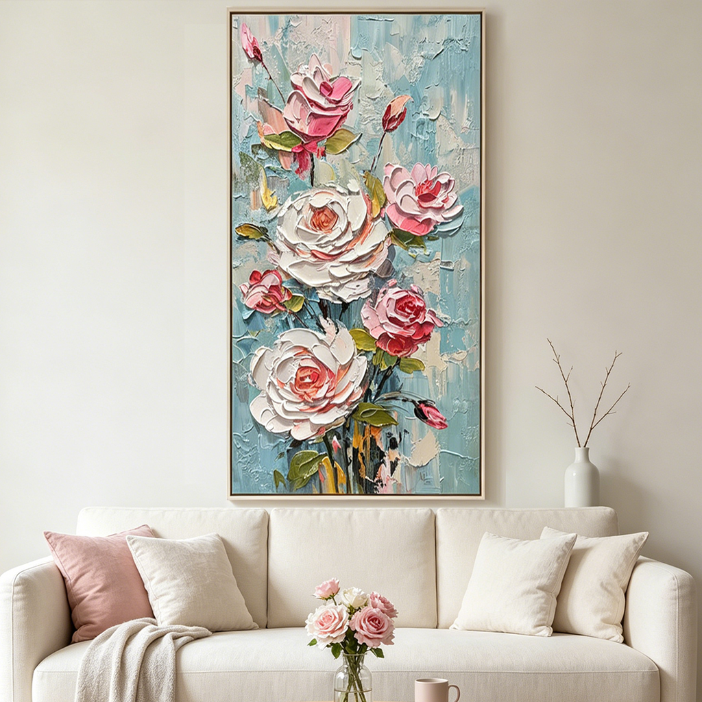 BLUSHING BOUQUET: Textured Impasto Pink White Roses Canvas
