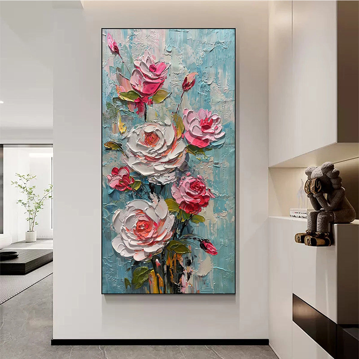Blushing Bouquet: Textured Floral Impasto Oil Painting Canvas Wall Art