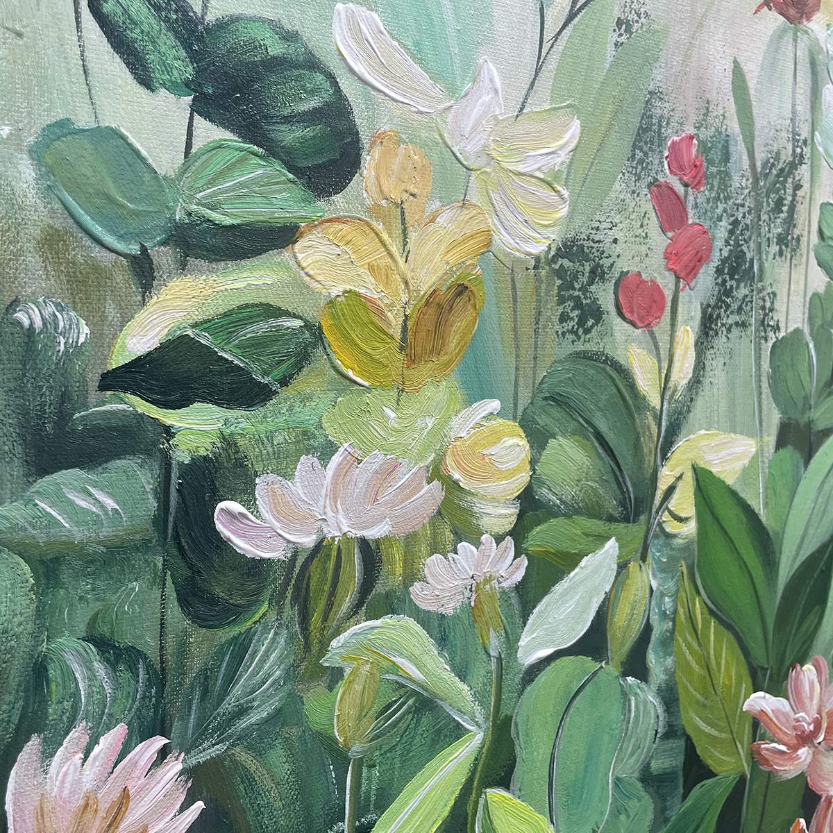 Vertical botanical garden painting with green, yellow, and white flowers. Impressionistic artwork by Elodie Dubois.