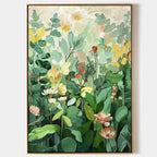 Vertical botanical garden painting with green, yellow, and white flowers. Impressionistic artwork by Elodie Dubois.