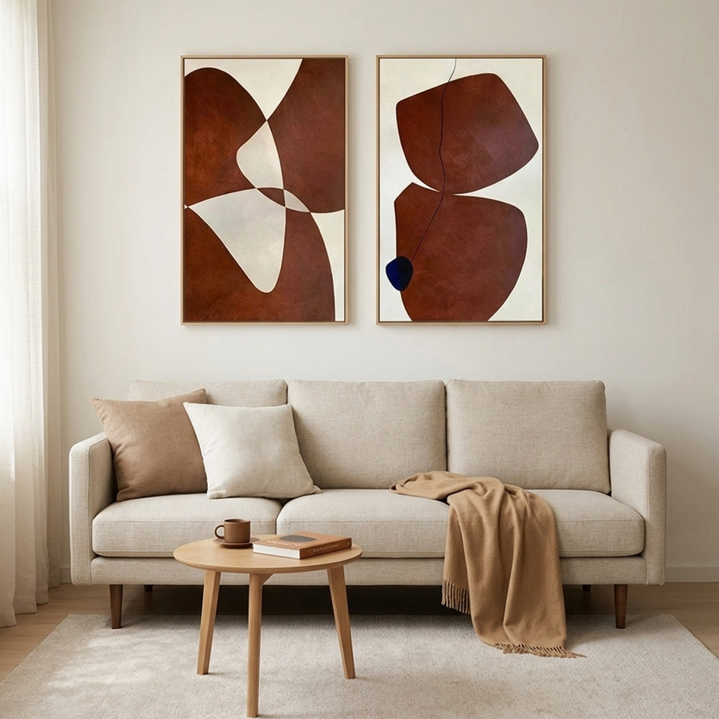 BROWN ABSTRACT DIPTYCH: Earth Tone Warm Off White Minimalist Canvas Set Of 2