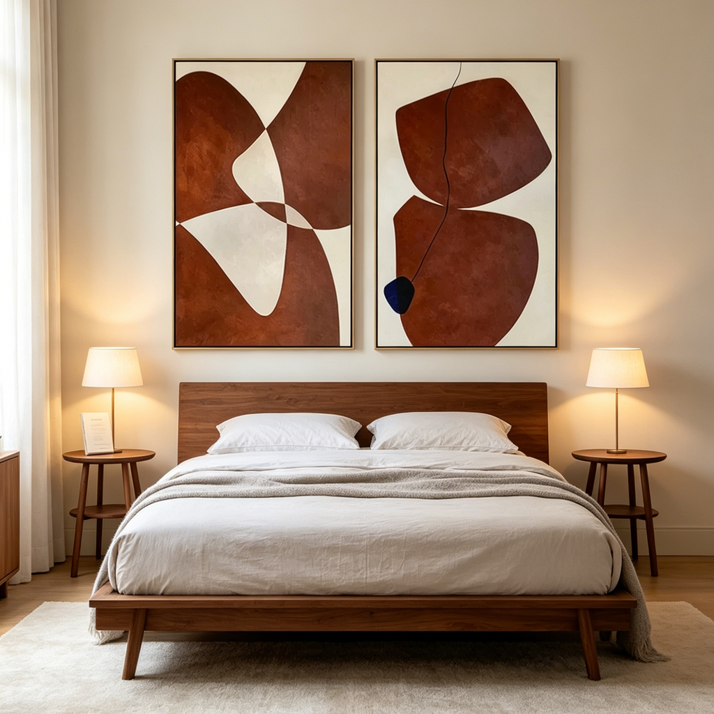 BROWN ABSTRACT DIPTYCH: Earth Tone Warm Off White Minimalist Canvas Set Of 2