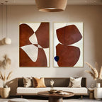 Brown abstract diptych wall art set of 2 vertical paintings with organic shapes in brown and off-white, gold frames