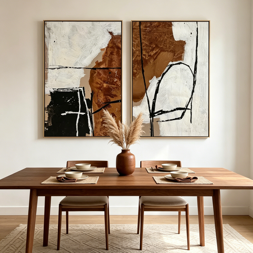 BROWN & WHITE ABSTRACT DIPTYCH: Earth Tone Bold Abstract Lines Canvas Set Of 2