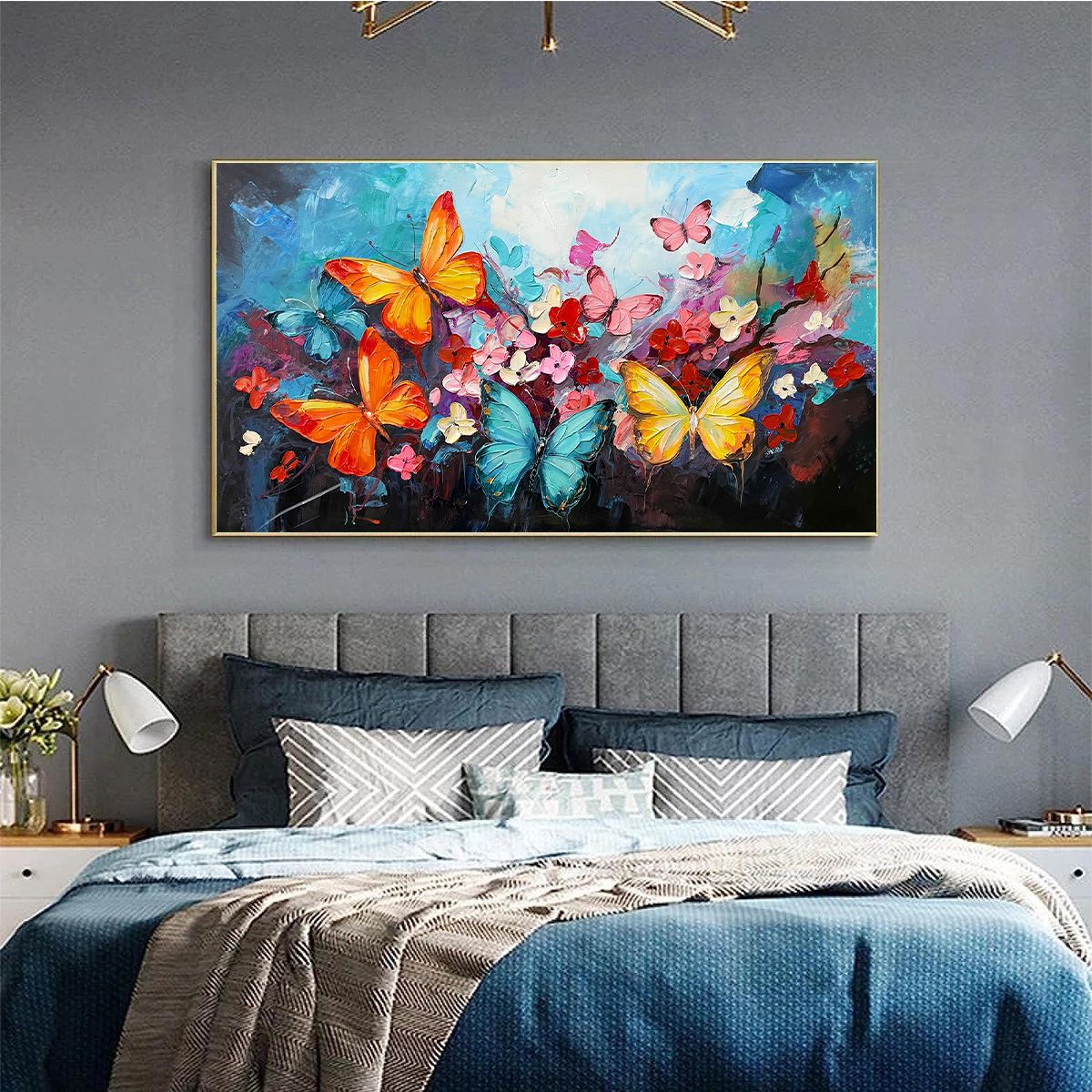 Butterfly Waltz: Colorful Butterfly and Floral Impasto Oil Painting Canvas Wall Art Decor