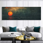 Panoramic painting of a vibrant blood moon over the ocean at dusk, vintage style, displayed above a sofa in a living room.
