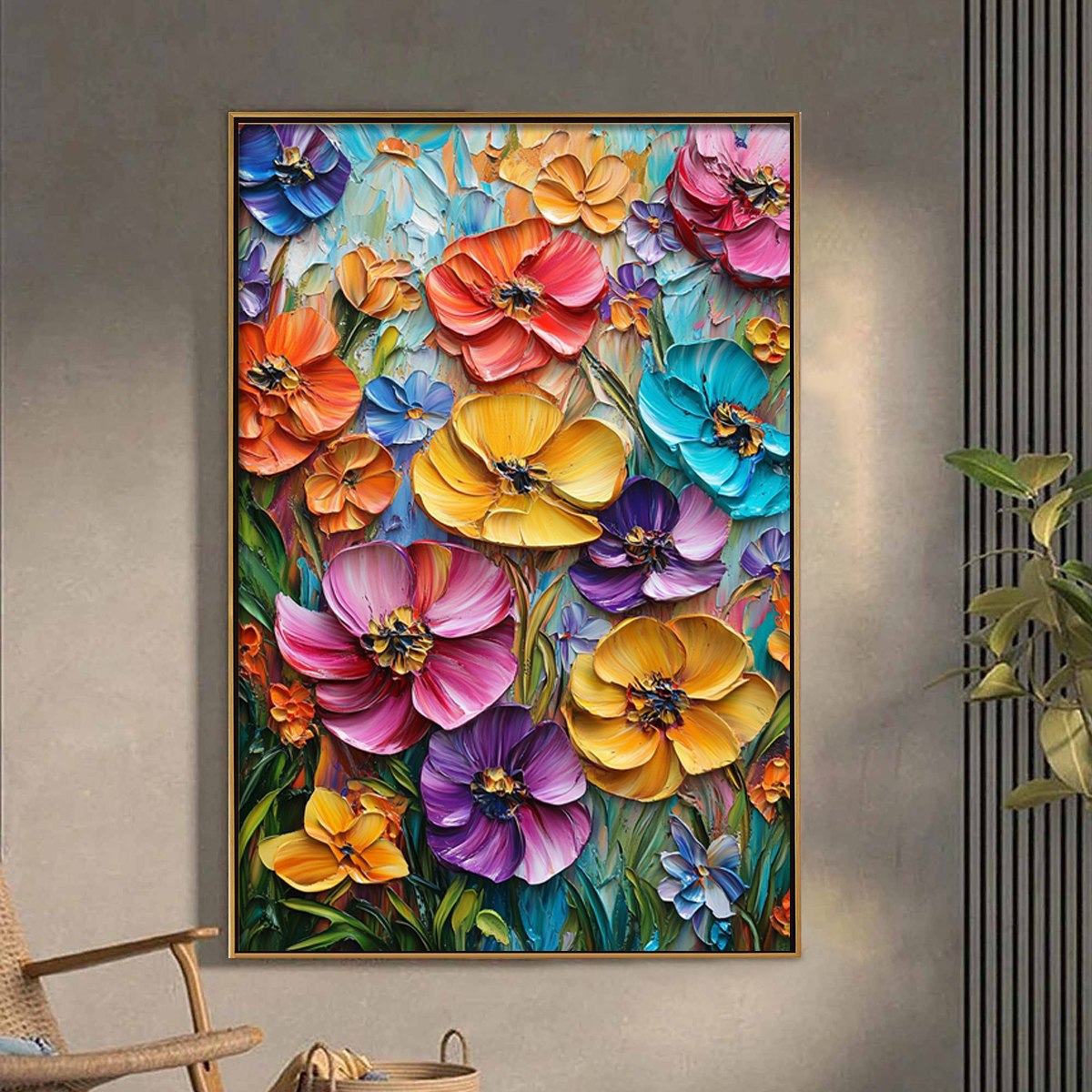 Blooming Rhapsody: Colorful Impasto Floral Oil Painting Canvas Wall Art Flower Decor