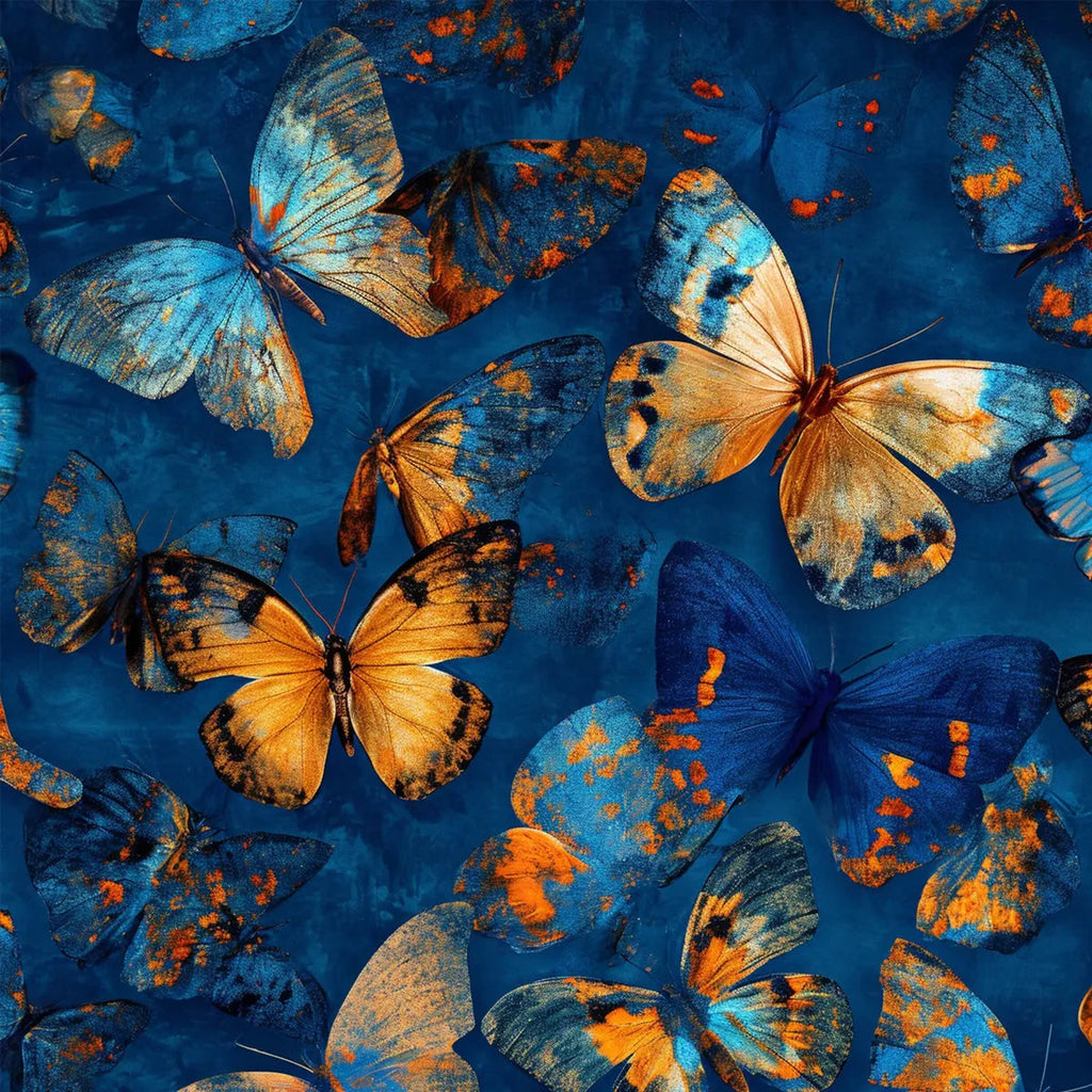 BLUE MORPHO WALTZ: Blue And Gold Butterflies In Motion Canvas
