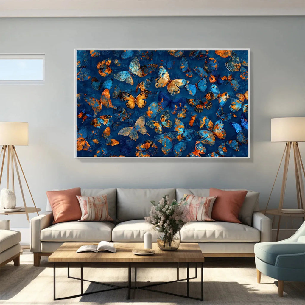 BLUE MORPHO WALTZ: Blue And Gold Butterflies In Motion Canvas