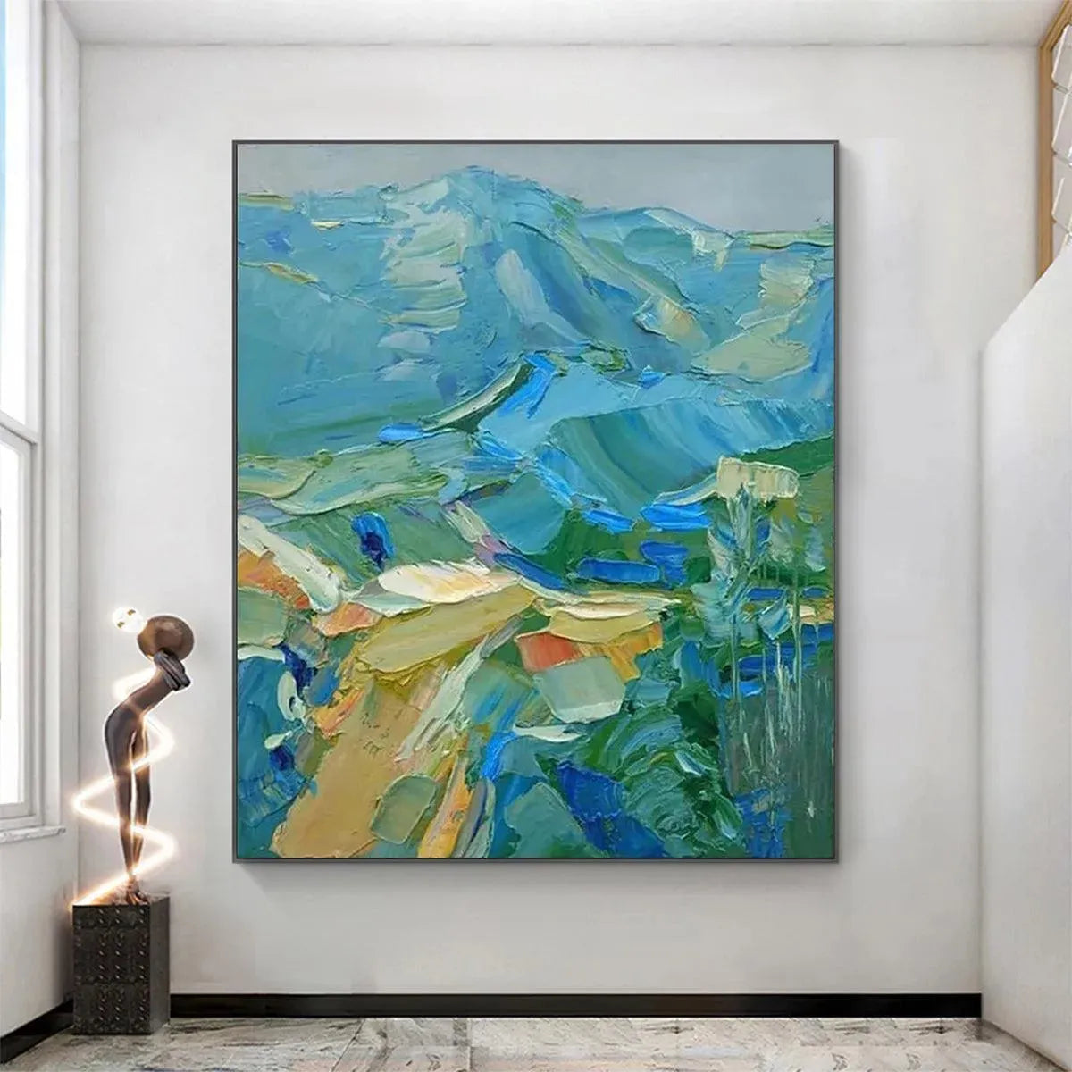 Blue Ridge Mountains impasto painting by Isabella Rossi, oil on canvas, textured landscape art in blues, greens, and yellows.
