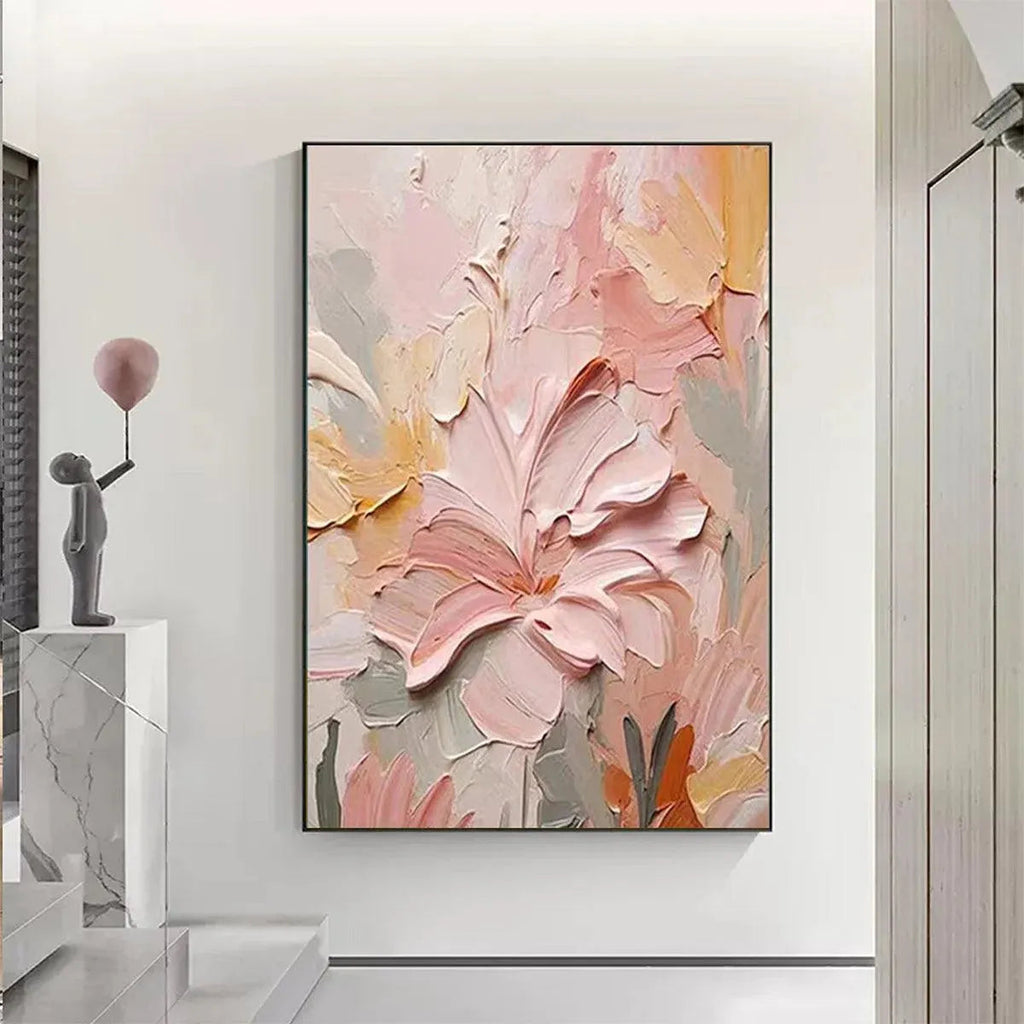 Blushing Blooms: Textured Floral Painting | Pink and Peach Wall Art | Vertical Canvas | Impasto Decor