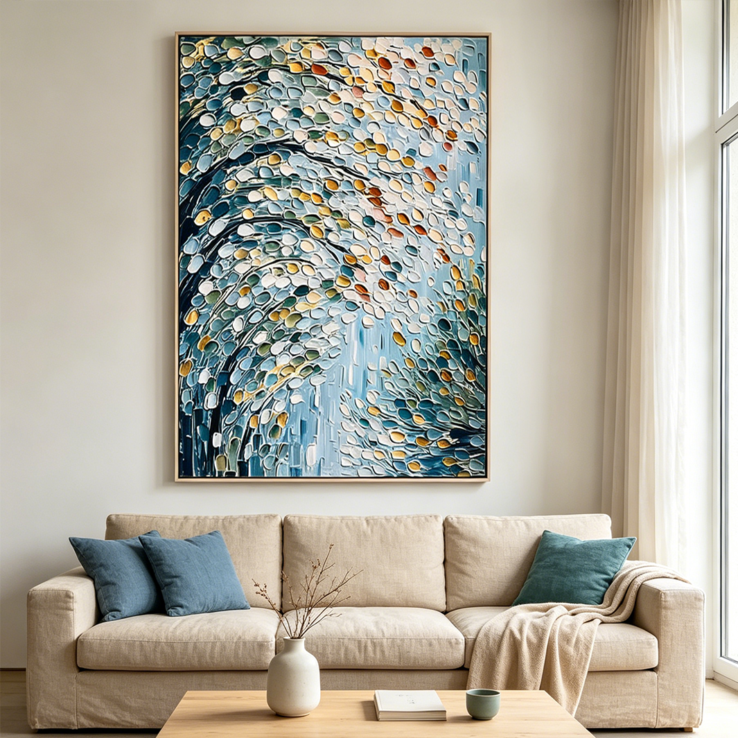 CASCADING PETALS: Impasto White Gold Teal Circular Daubs Canvas