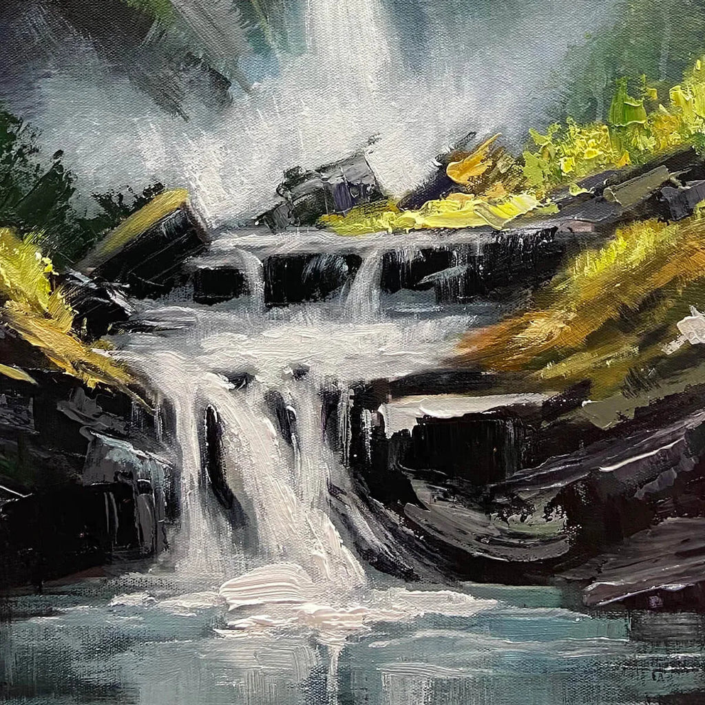 CASCADING MIST: Textured Waterfall Green Foliage Serene Nature Oil Painting