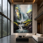 CASCADING MIST: Textured Waterfall Green Foliage Serene Nature Oil Painting