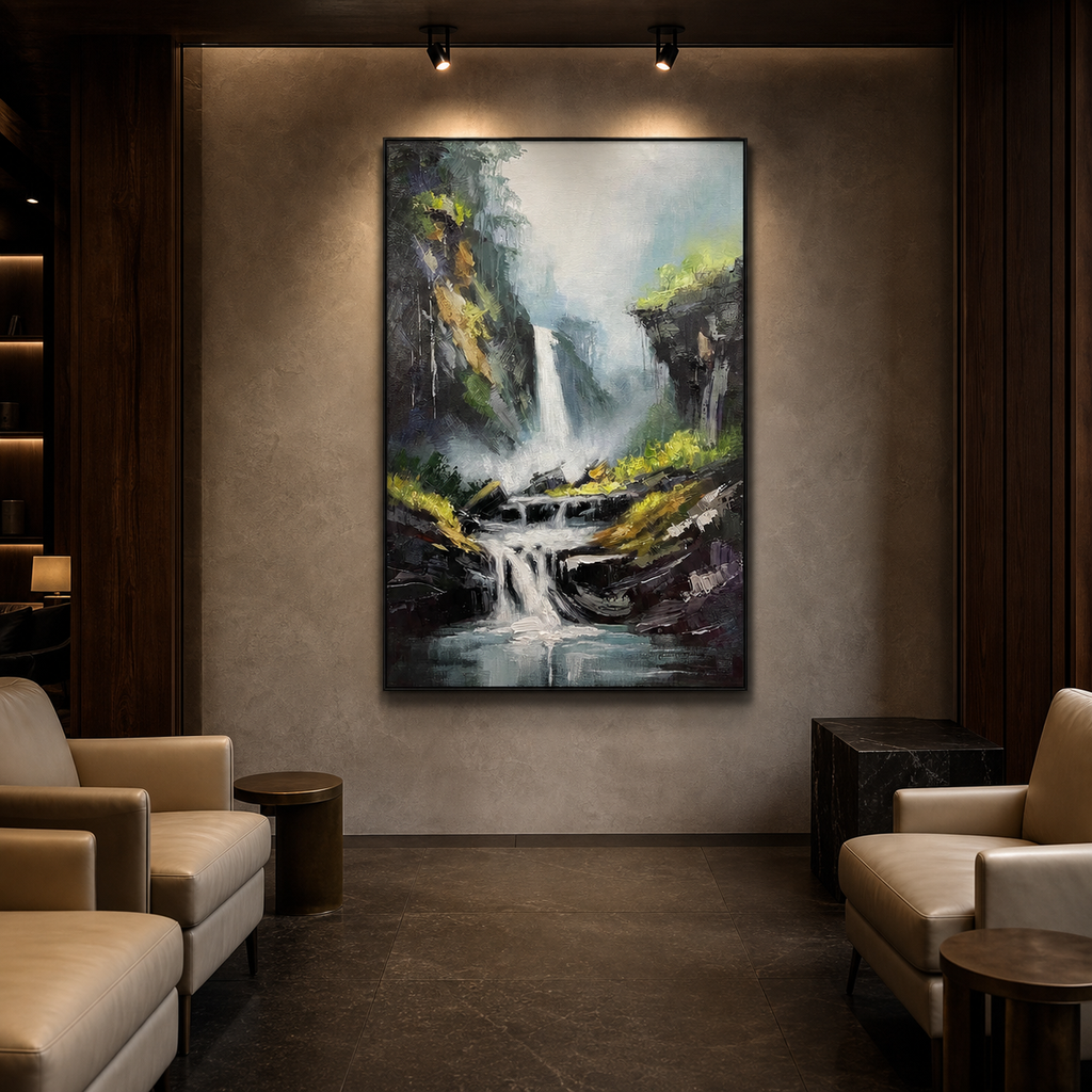 CASCADING MIST: Textured Waterfall Green Foliage Serene Nature Oil Painting