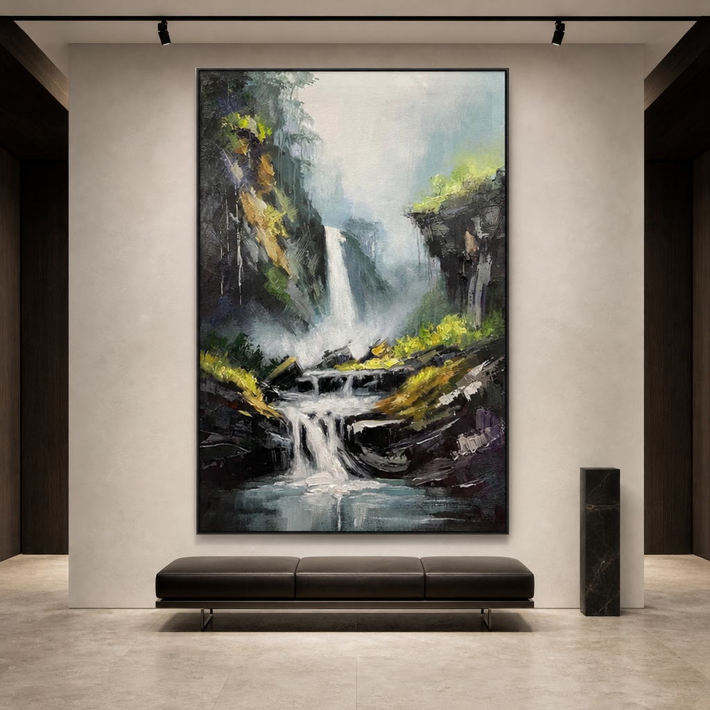 CASCADING MIST: Textured Waterfall Green Foliage Serene Nature Oil Painting