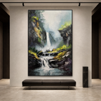 CASCADING MIST: Textured Waterfall Green Foliage Serene Nature Oil Painting