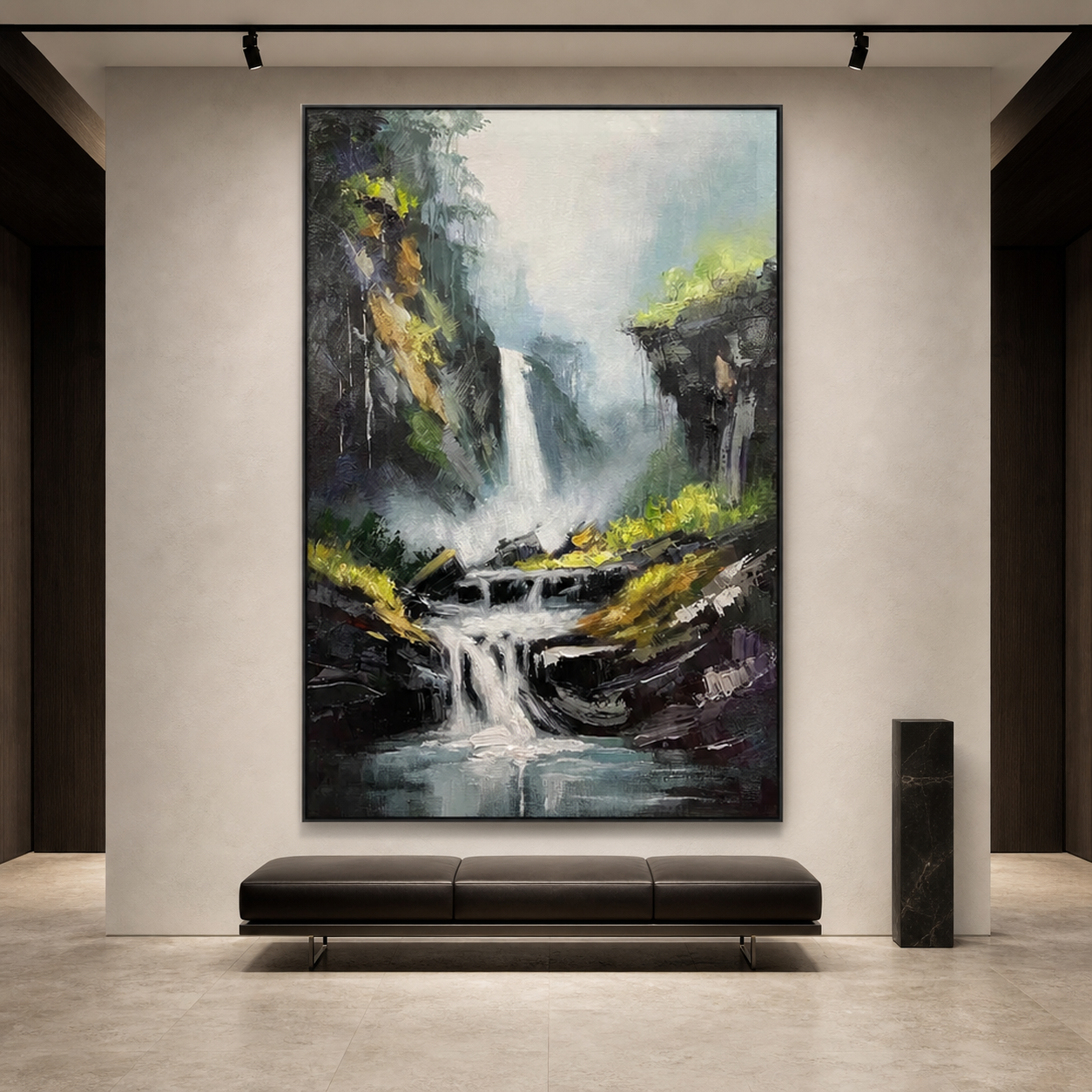 CASCADING MIST: Textured Waterfall Green Foliage Serene Nature Oil Painting