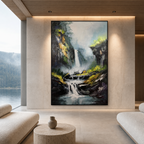 CASCADING MIST: Textured Waterfall Green Foliage Serene Nature Oil Painting