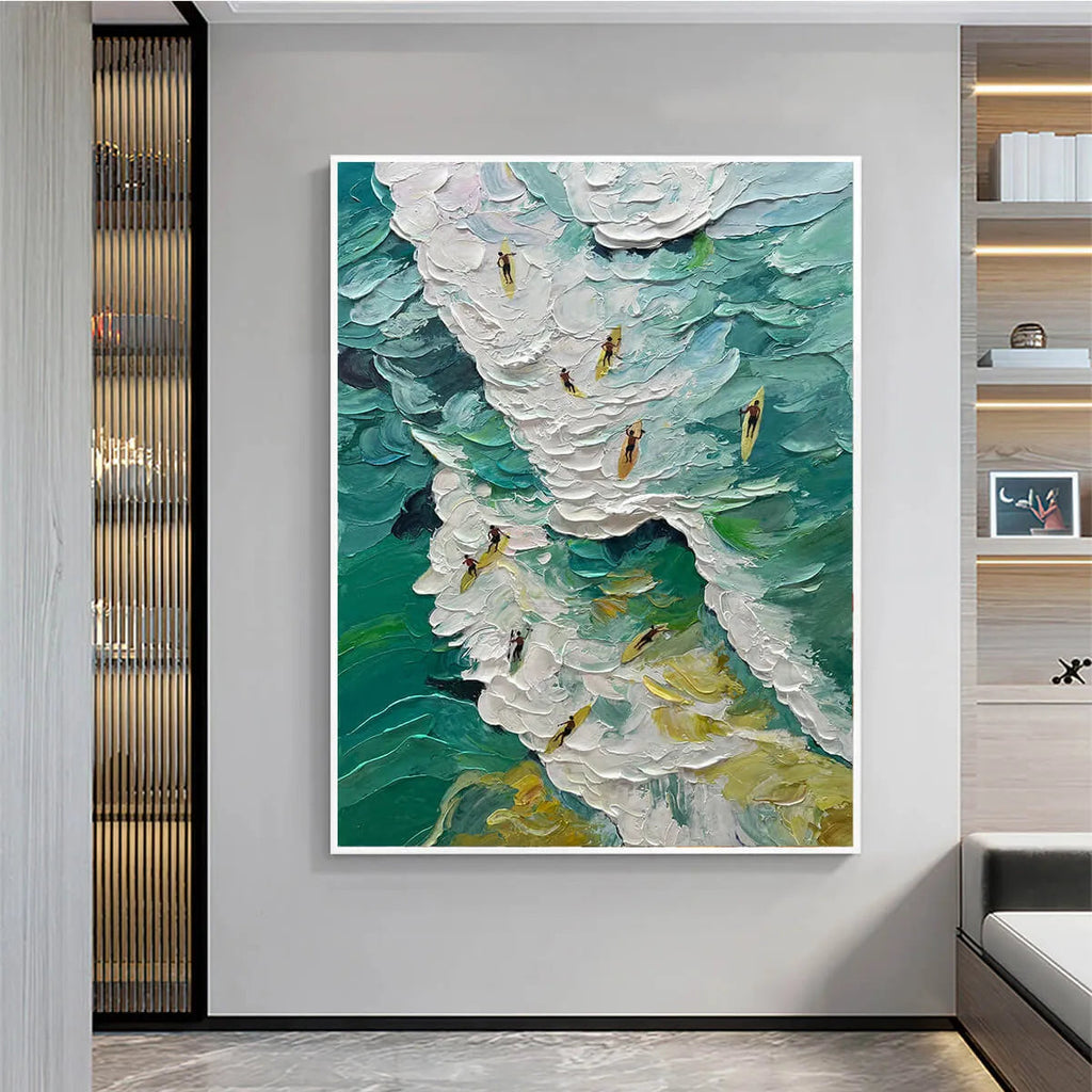 Catching the Wave: Textured Surfers Ocean Scene Impasto Oil Painting Canvas Wall Art
