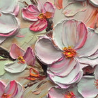 Cherry Blossom Dream painting, Elodie Dubois. Textured impasto cherry blossoms. Pink blossoms, romantic wall art.
