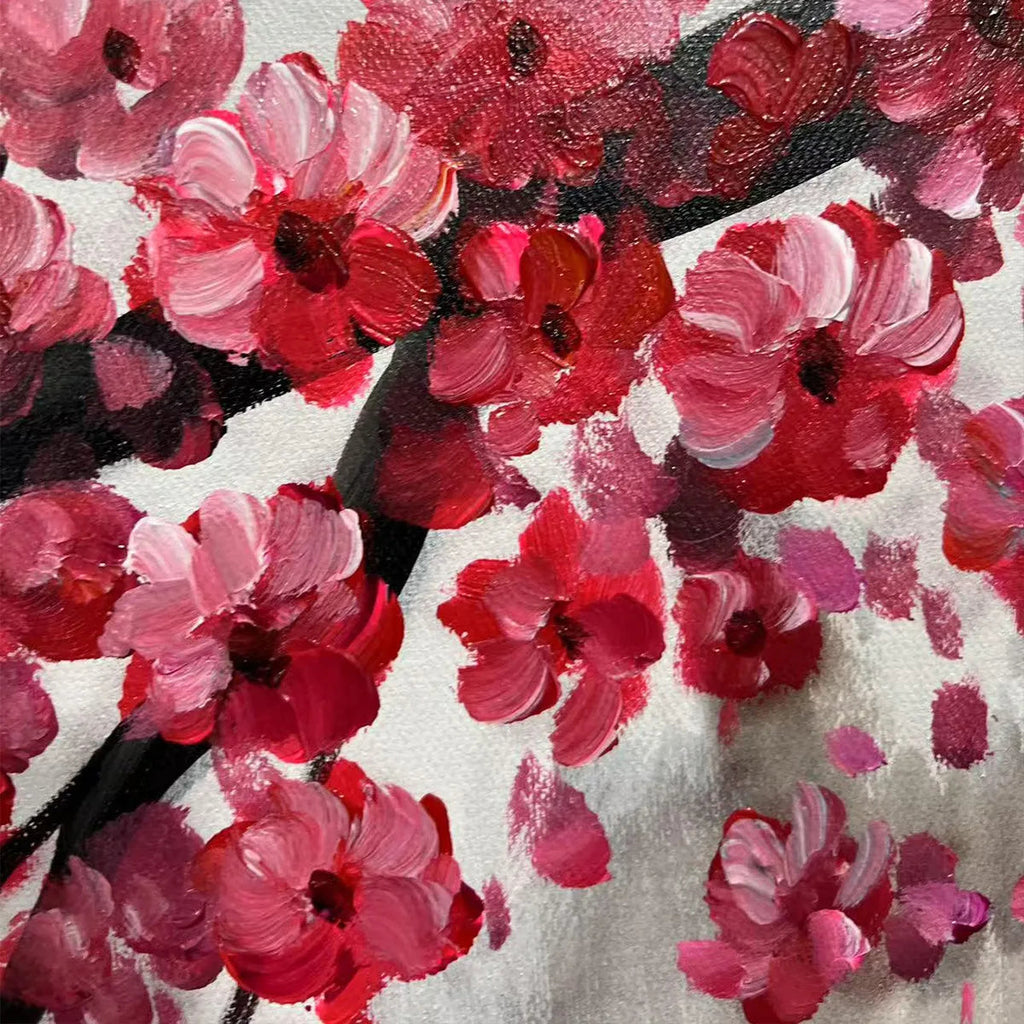 Horizontal Cherry Blossom Serenity painting by Chen Liu with pink blossoms over misty mountains and calm water.