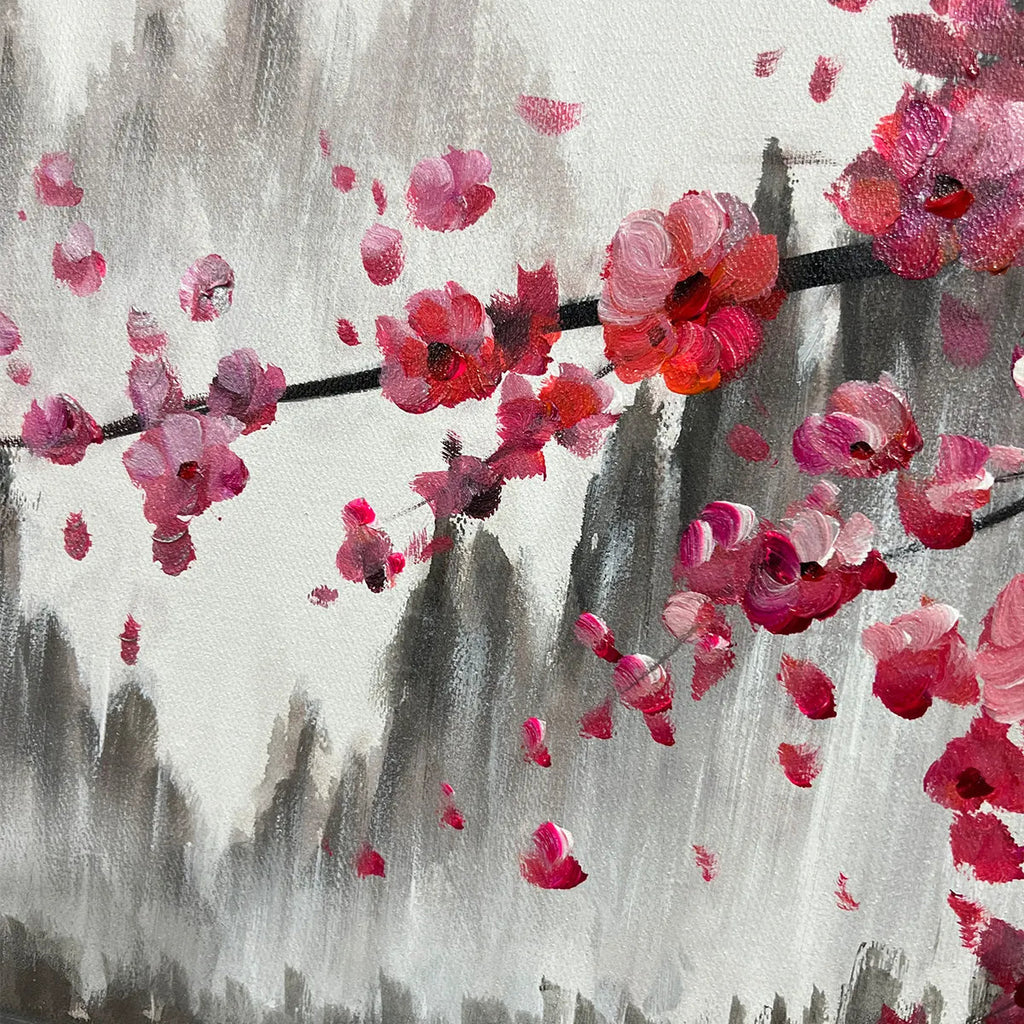 Horizontal Cherry Blossom Serenity painting by Chen Liu with pink blossoms over misty mountains and calm water.
