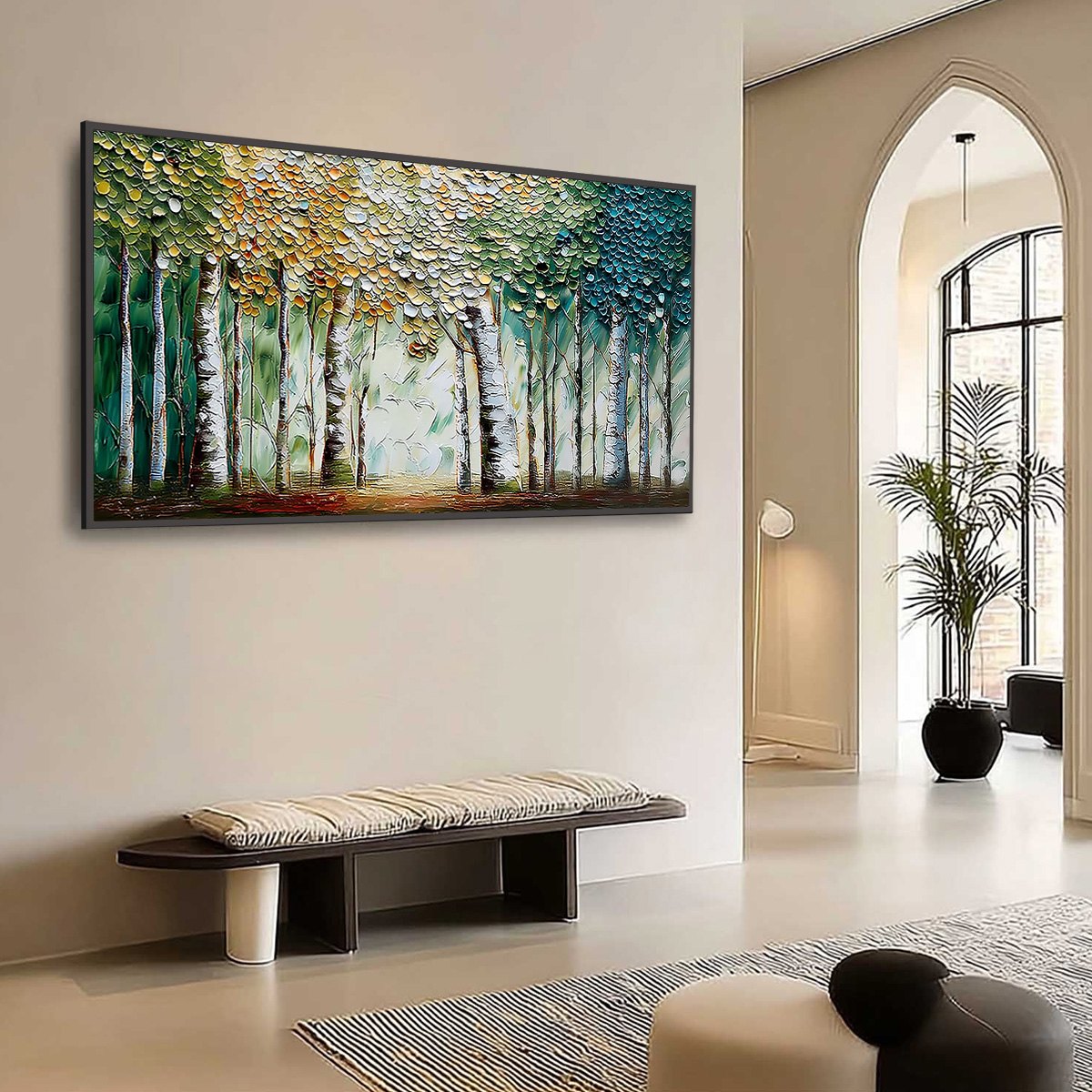 CHROMA GROVE: Panoramic Textured Impasto Birch Tree Forest Painting