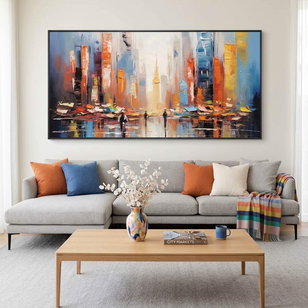 CITY MARKET: Colorful Buildings Bustling Market Scene Horizontal Canvas