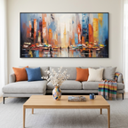 CITY MARKET: Colorful Buildings Bustling Market Scene Horizontal Canvas