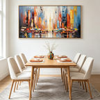 CITY MARKET: Colorful Buildings Bustling Market Scene Horizontal Canvas