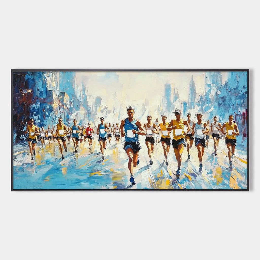 City Stride: Original Urban Marathon Scene Oil Painting - Dynamic Cityscape Wall Art