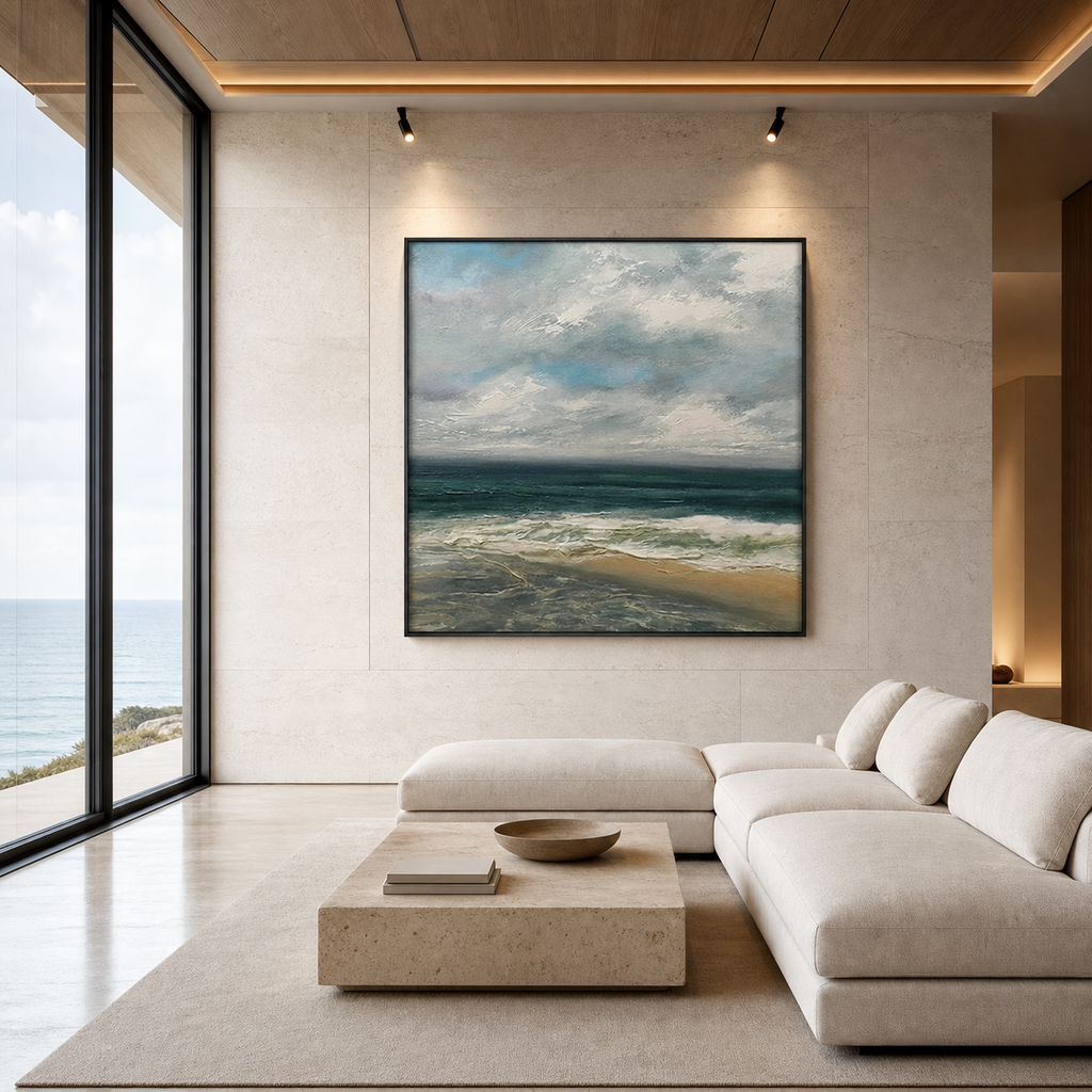 CLOUDY COASTAL SCENE: Soft Gray Blue Coastal Sky Textured Canvas