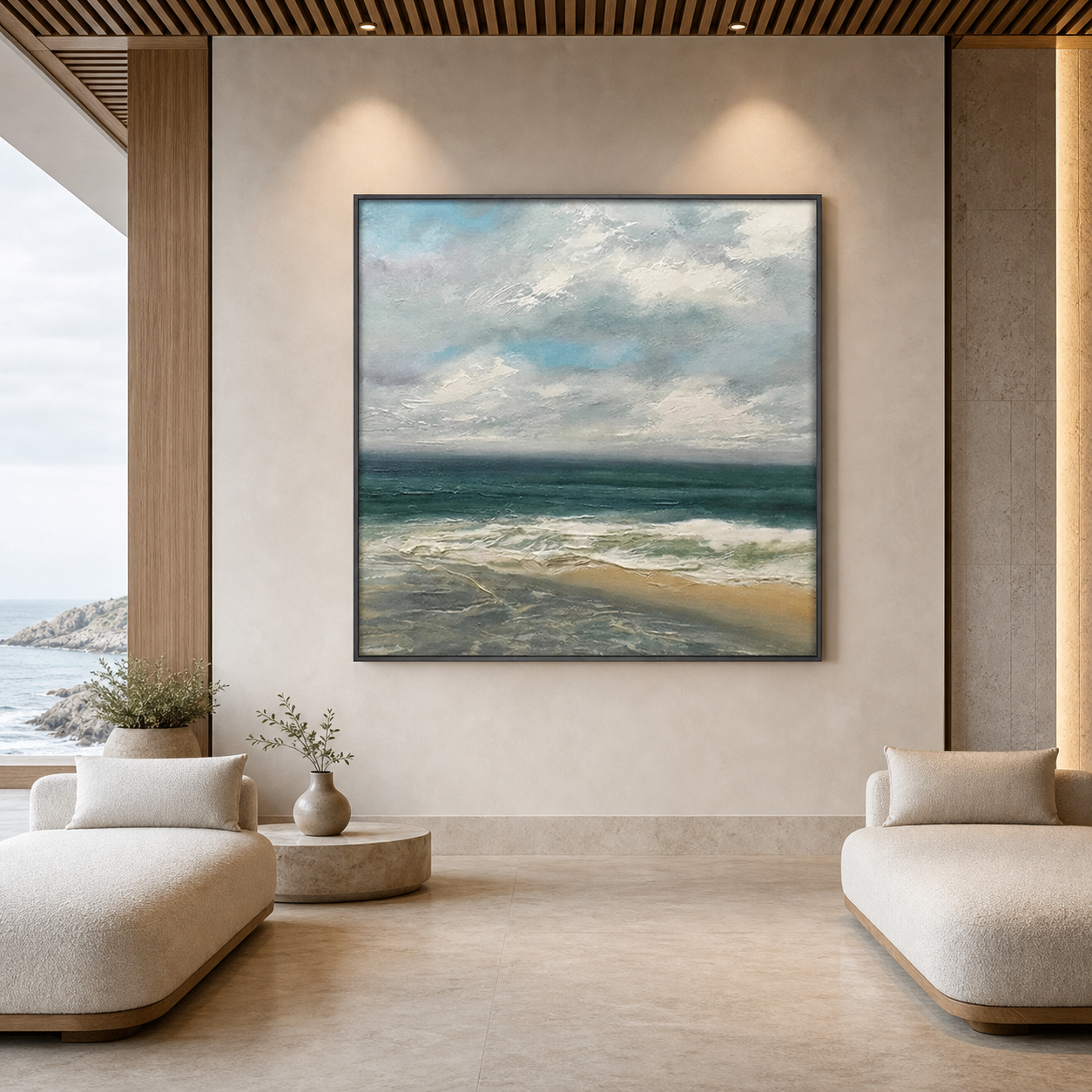 CLOUDY COASTAL SCENE: Soft Gray Blue Coastal Sky Textured Canvas