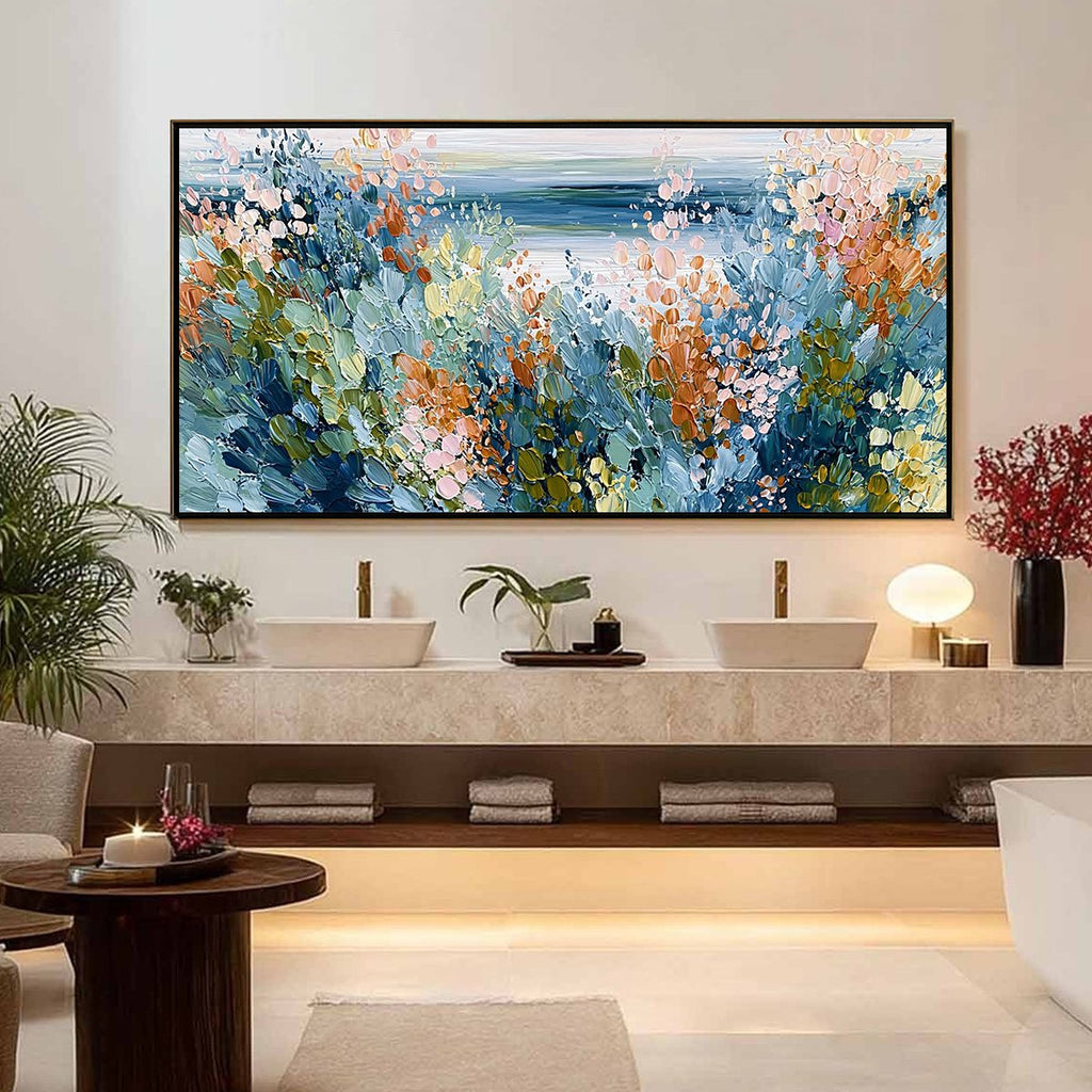 COASTAL BLOOM: Textured Abstract Floral Seascape Oil Painting