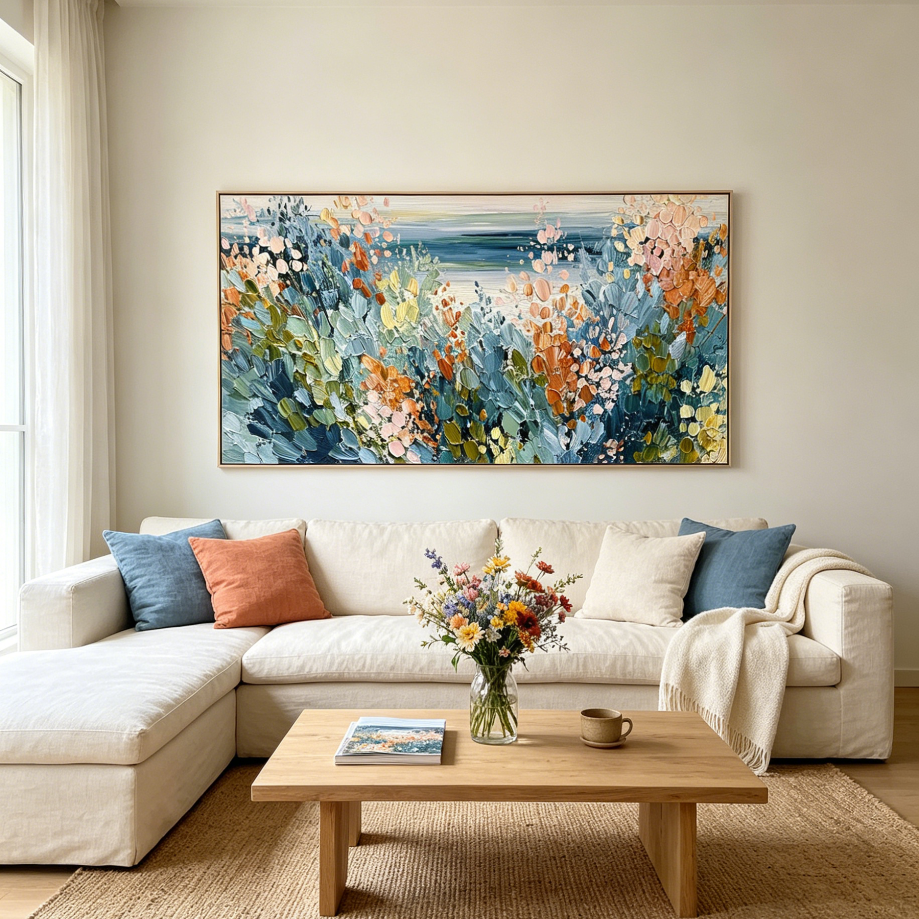 COASTAL BLOOM: Impasto Wildflowers Riot Calm Sea Canvas