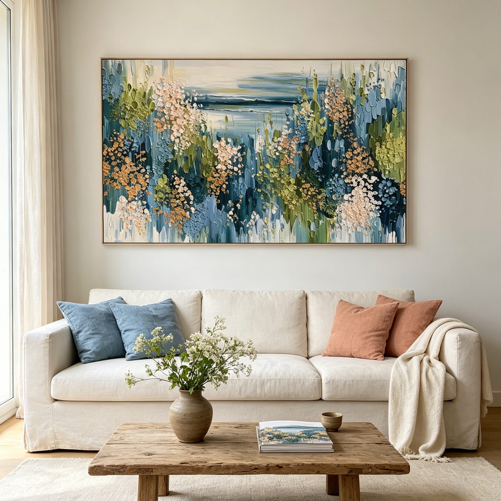 COASTAL BLOOM: Impasto Blossoms Serene Shoreline Canvas