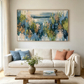 COASTAL BLOOM: Impasto Blossoms Serene Shoreline Canvas