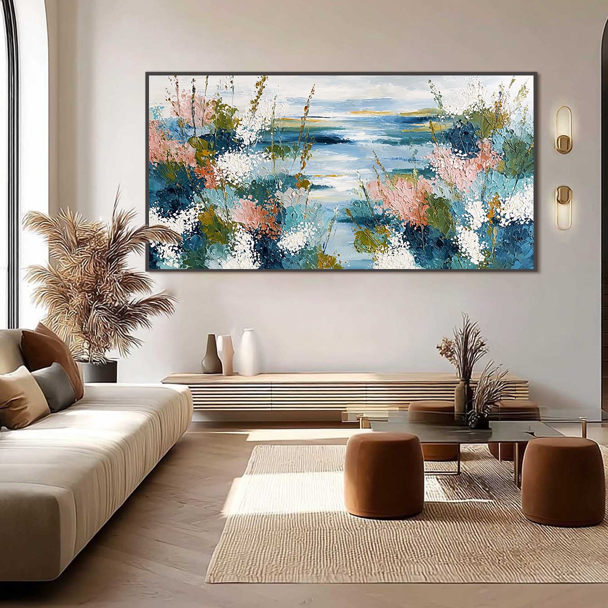COASTAL BLOOM: Textured Impasto Painting of a Floral Coastline