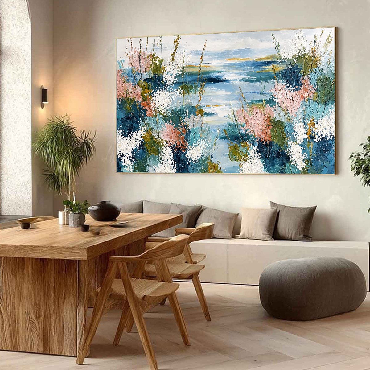 COASTAL BLOOM: Textured Impasto Painting of a Floral Coastline