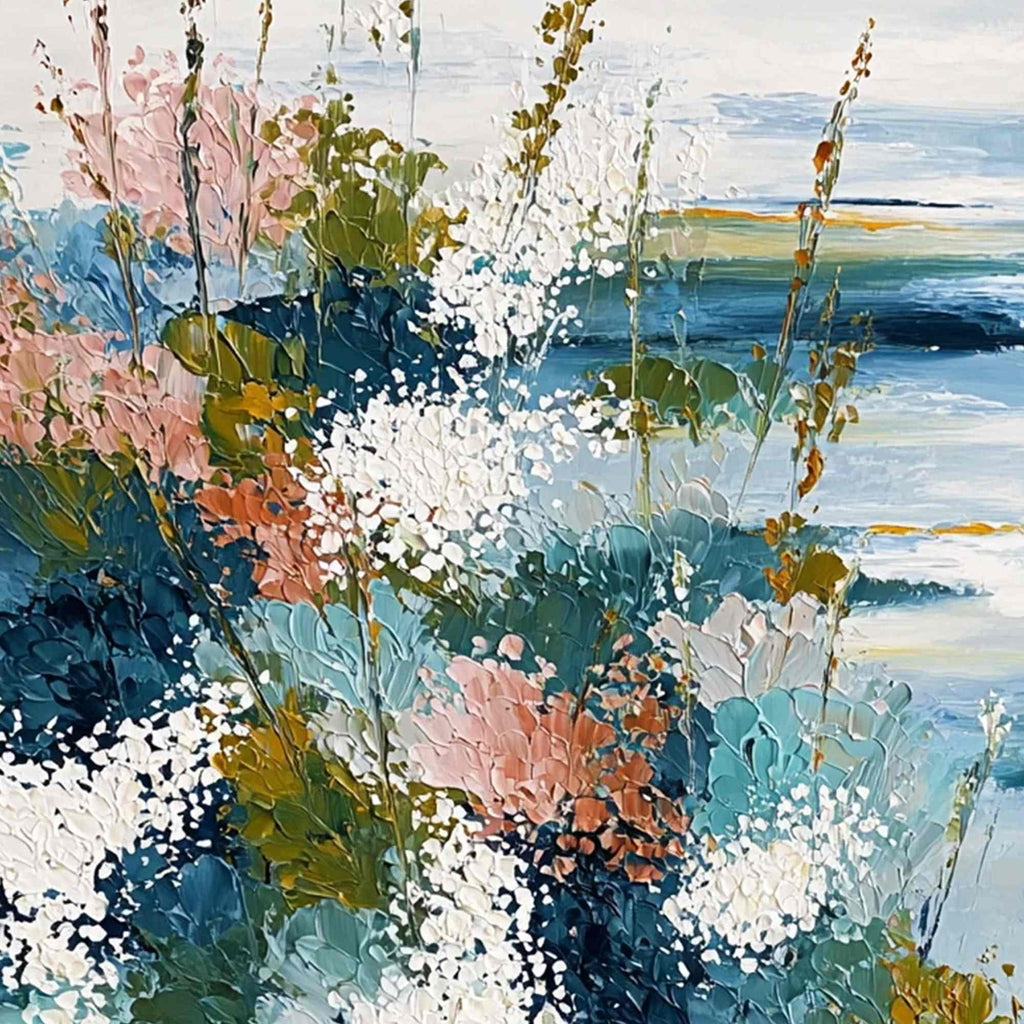 COASTAL BLOOM: Textured Impasto Painting of a Floral Coastline