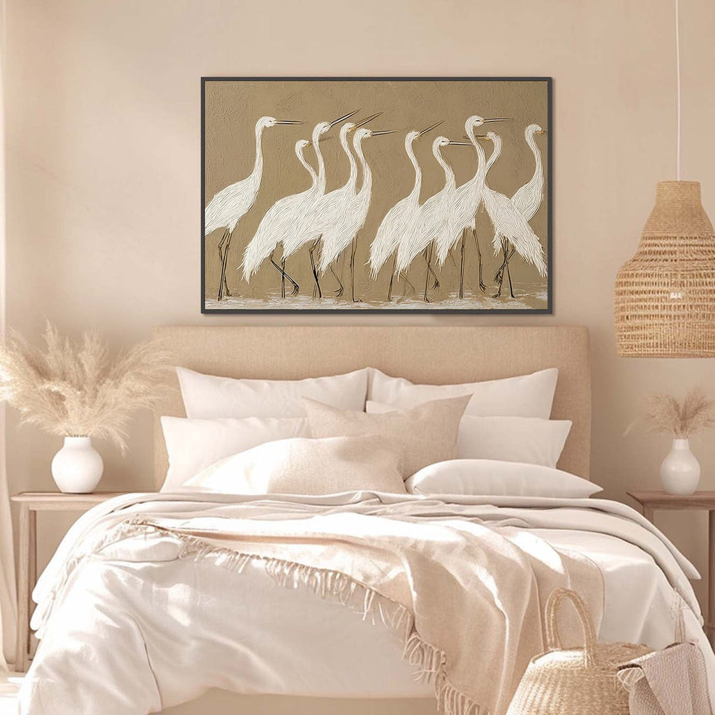 COASTAL CONGREGATION: Textured Wabi Sabi Egret Painting on Neutral Canvas