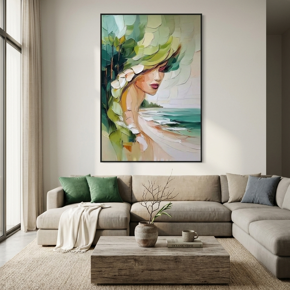 COASTAL MUSE: Impasto Figure Intertwined Verdant Foliage Canvas
