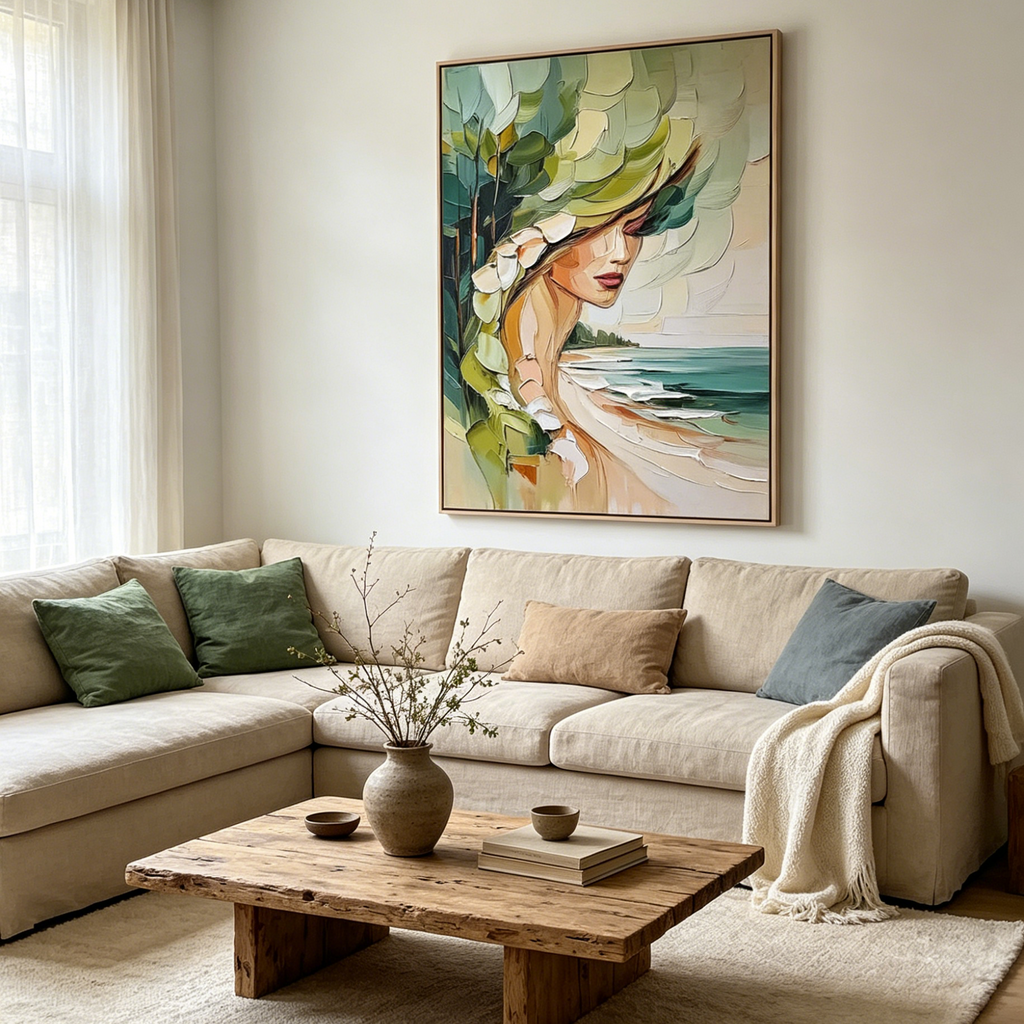 COASTAL MUSE: Impasto Figure Intertwined Verdant Foliage Canvas