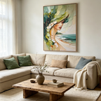 COASTAL MUSE: Impasto Figure Intertwined Verdant Foliage Canvas