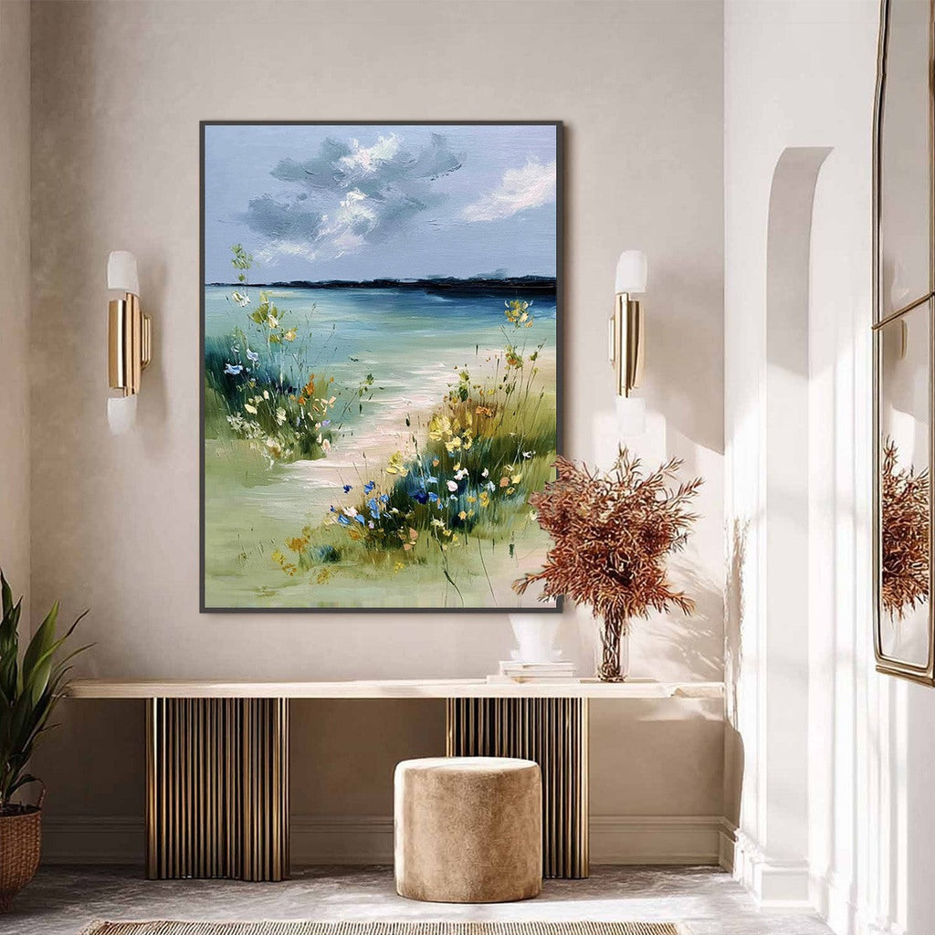 COASTAL SERENITY: Textured Vertical Seascape Painting with Wildflowers